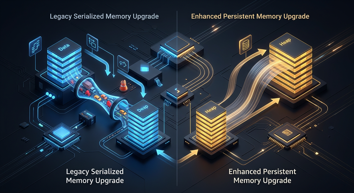 A detailed 3D infographic diagram comparing legacy...