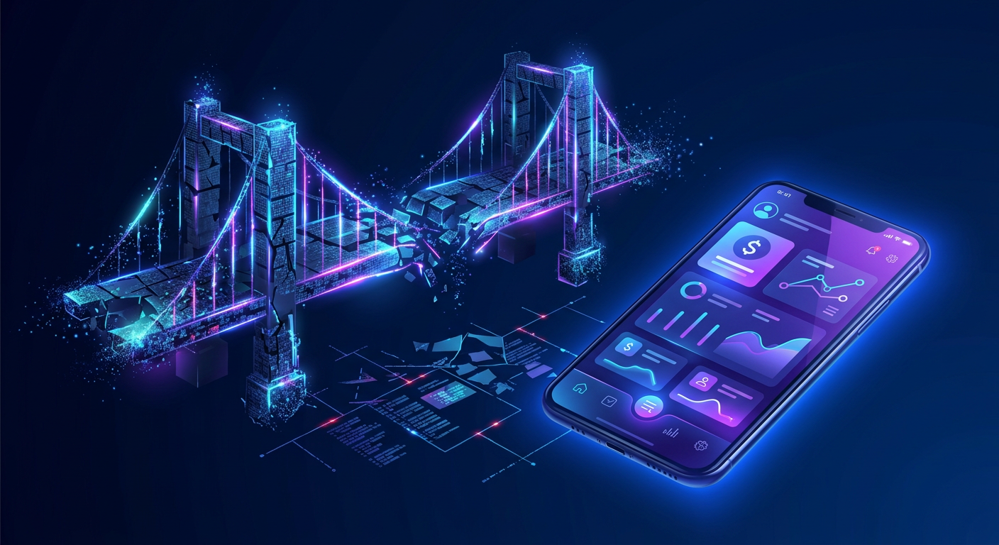 A 3D infographic showing a crumbling, glowing neon...