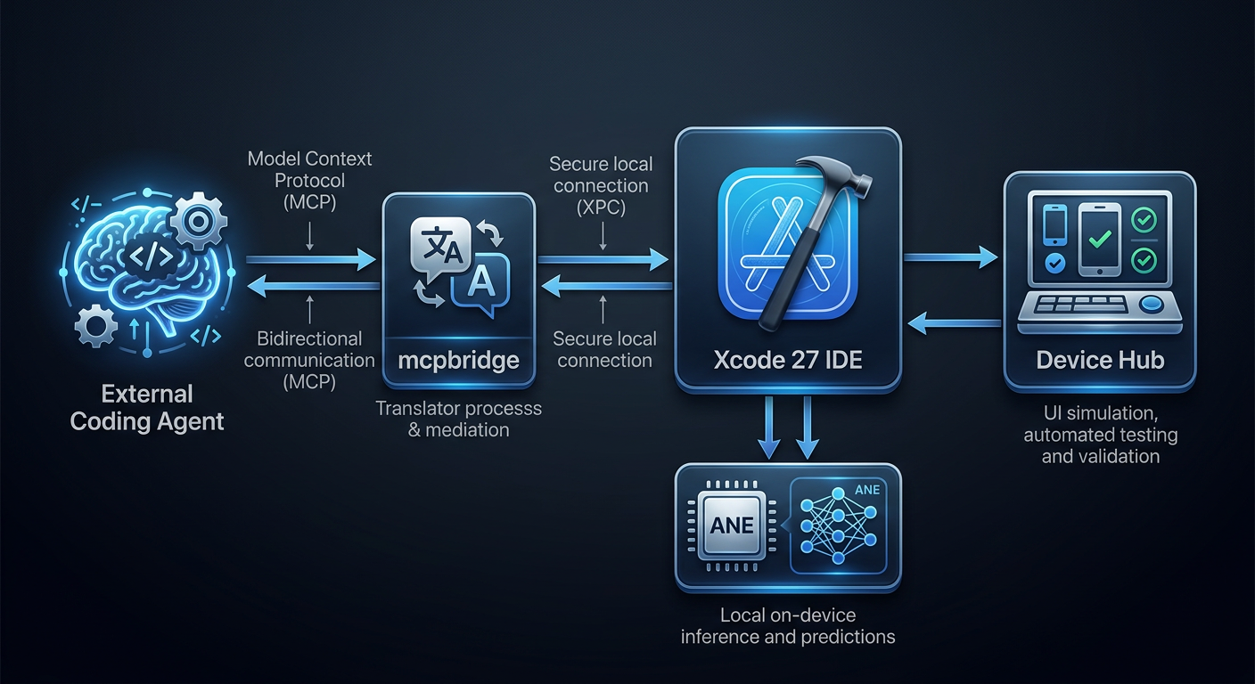 A detailed technical infographic mapping Xcode 27'...