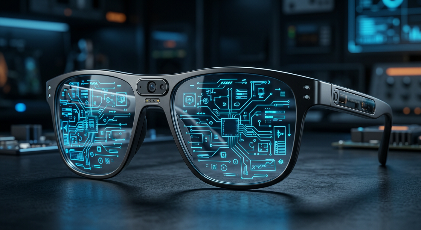 A sleek, modern 3D render of futuristic smart glas...