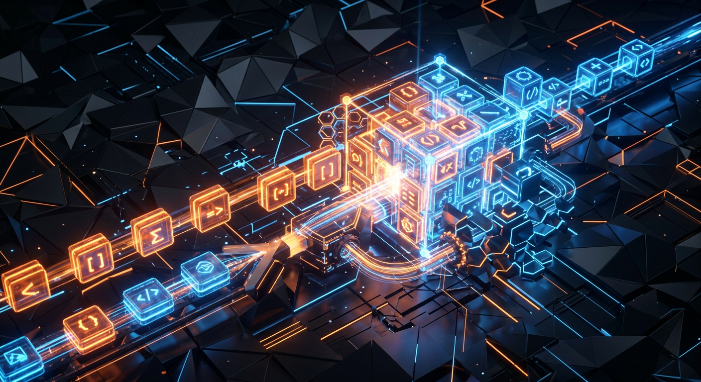 A sleek, modern 3D visualization of software devel...